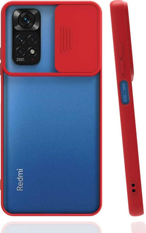 Xiaomi Redmi Note 11 Global Kapak Lensi Açılır Kapanır Kamera Korumalı Silikon Kılıf - Kırmızı