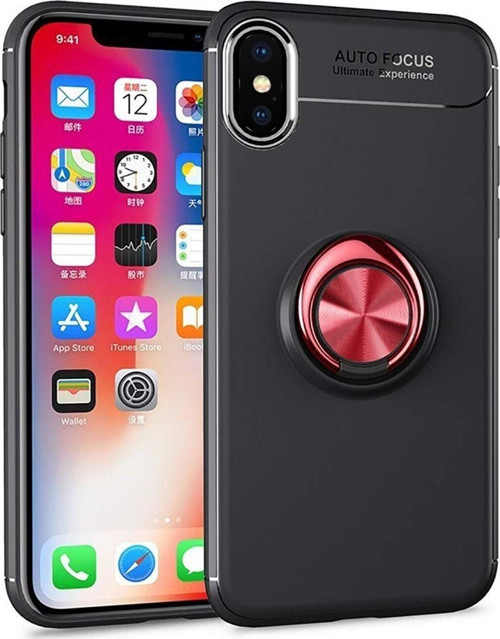 Apple iPhone X Kılıf Renkli Yüzüklü Manyetik Silikon Kapak Siyah - Kırmızı