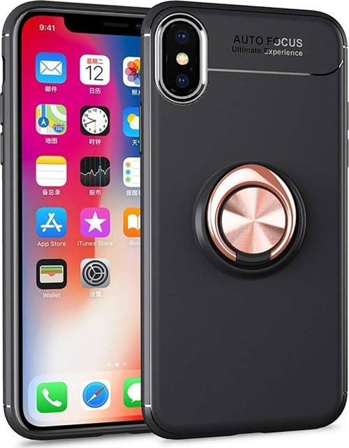 Apple iPhone X Kılıf Renkli Yüzüklü Manyetik Silikon Kapak Siyah - Rose gold