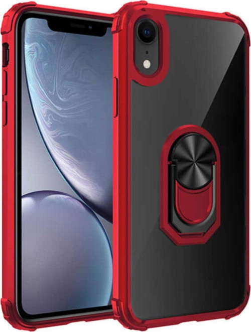 Apple iPhone Xr Kapak Şeffaf Yüzüklü Kenar Korumalı Standlı Kılıf - Kırmızı
