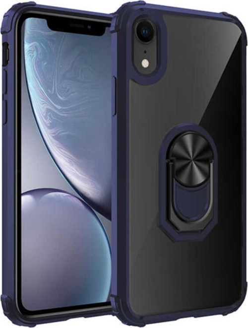 Apple iPhone Xr Kapak Şeffaf Yüzüklü Kenar Korumalı Standlı Kılıf - Lacivert