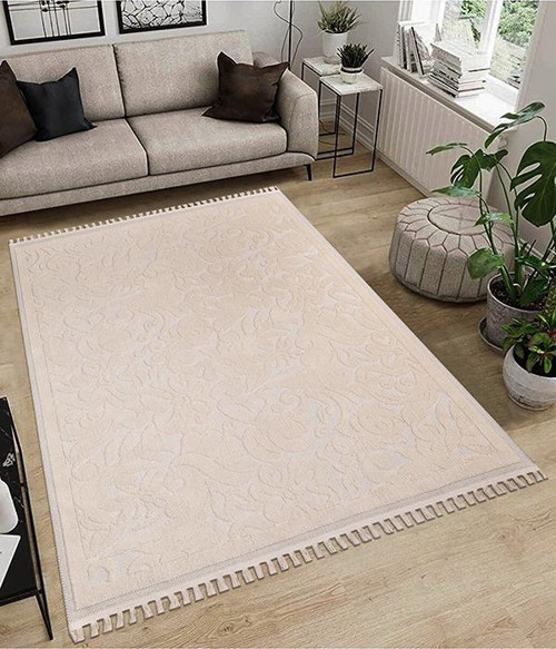 Dekoratif Modern Naturel Kayma Yapmayan Yıkanabilir Pamuk Dokuma Kilim Saçaklı 7017B Bej