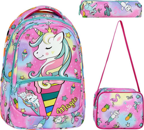 3’Lü İlkokul Unicorn Desenli, Kız Çocuk Beslenmeli Ve Kalemlikli Okul Çantası