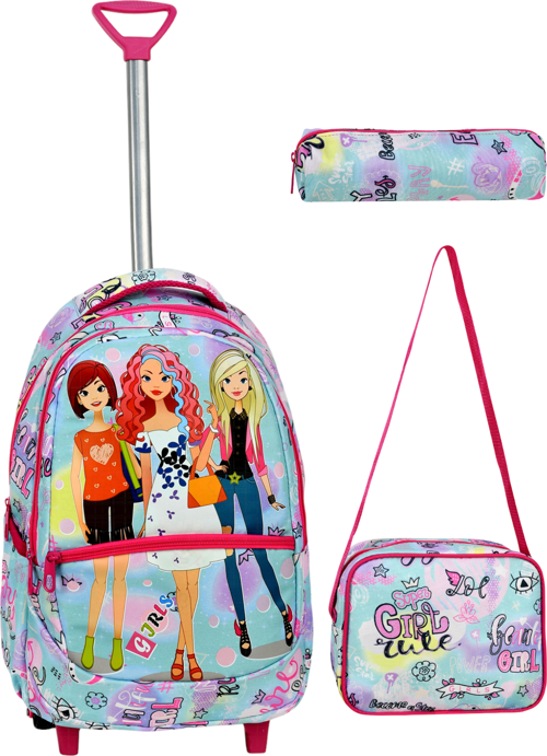 Çekçekli 3'lü Okul Seti, Girl Desenli İlkokul Çantası + Beslenme Çantası + Kalemlik