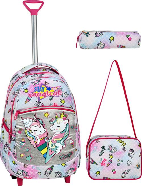 Çekçekli 3'lü Okul Seti, Mavi Unicorn Desenli İlkokul Çantası + Beslenme Çantası + Kalemlik