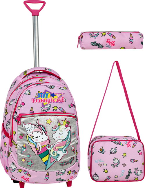 Çekçekli 3'lü Okul Seti, Toz Pembe Unicorn Desenli İlkokul Çantası + Beslenme Çantası + Kalemlik