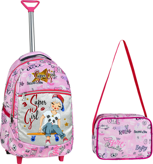 Çekçekli Pembe Girl Desenli İlkokul Çantası + Beslenme Çantası