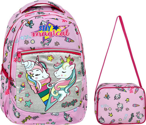 Toz Pembe Unicorn Desenli İlkokul Çantası + Beslenme Çantası
