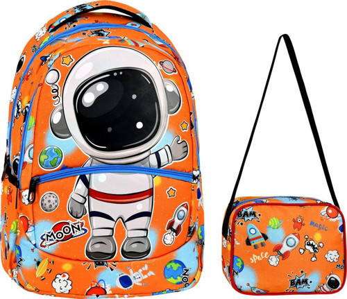 Turuncu İlkokul Astronot Desenli İlkokul Çantası + Beslenme Çantası