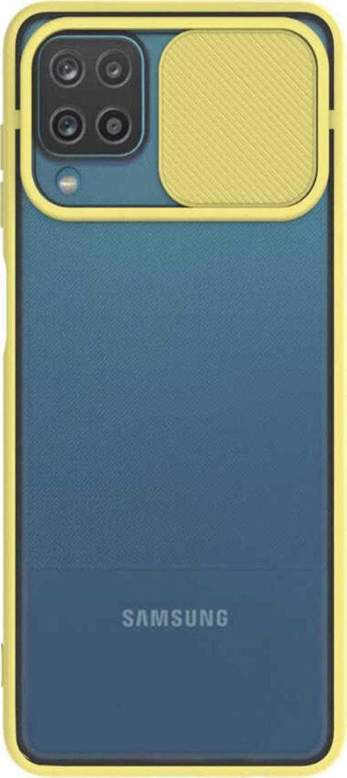 Samsung Galaxy M32 Kapak Lensi Açılır Kapanır Kamera Korumalı Silikon Kılıf - Sarı