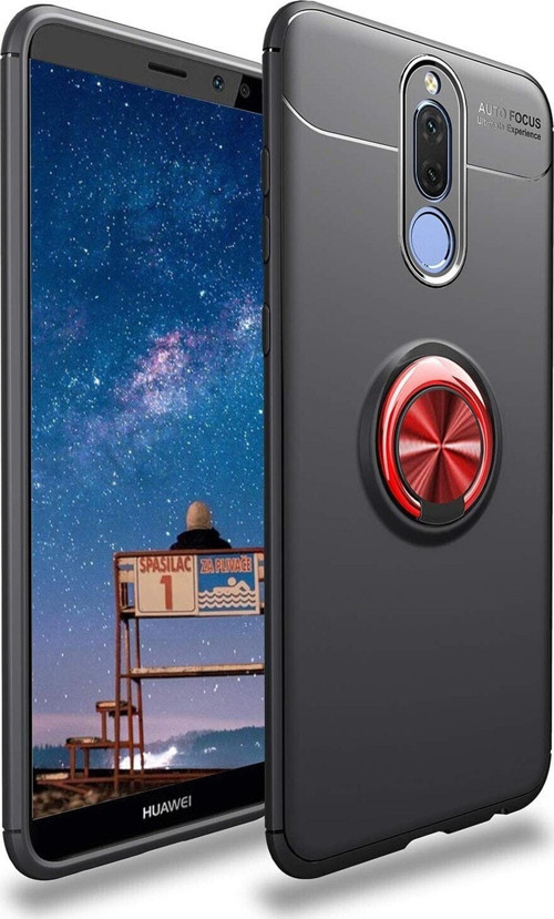 Huawei Mate 10 Lite Kılıf Renkli Yüzüklü Manyetik Silikon Kapak Siyah - Kırmızı