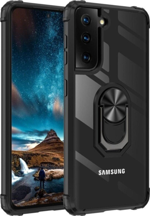 Samsung Galaxy S21 Plus Kapak Şeffaf Yüzüklü Kenar Korumalı Standlı Kılıf - Siyah