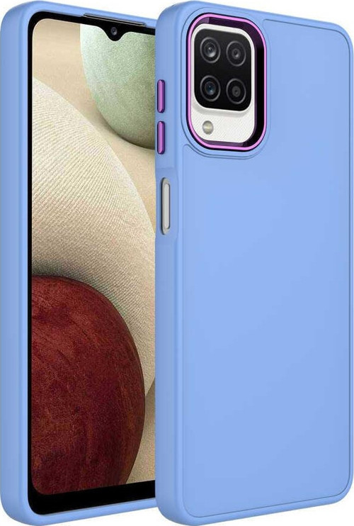 Samsung Galaxy M32 Kapak Renkli Metal Kamera Çerçeveli Class İçi Kadife Lasnman Kılıf - Lila
