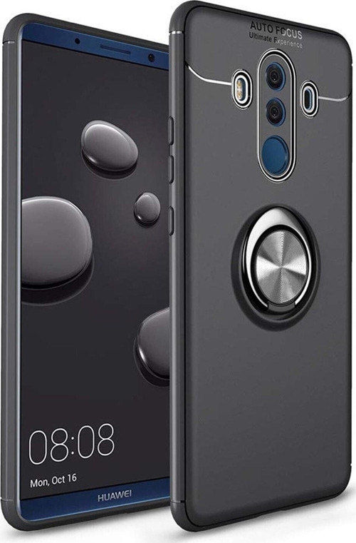 Huawei Mate 10 Pro Kılıf Renkli Yüzüklü Manyetik Silikon Kapak Siyah - Siyah