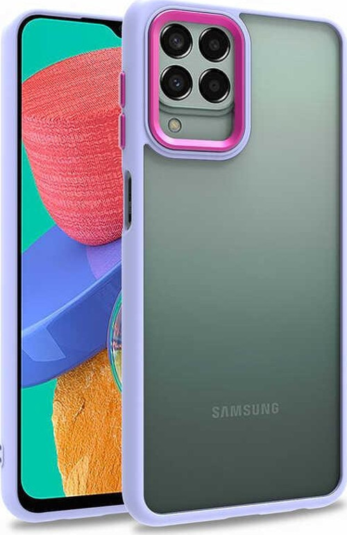 Samsung Galaxy M33 Kapak Metal Kamera Korumalı Arkası Şeffaf Silikon Kılıf - Lila
