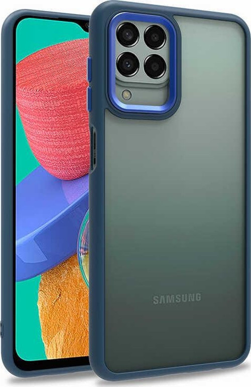 Samsung Galaxy M33 Kapak Metal Kamera Korumalı Arkası Şeffaf Silikon Kılıf - Mavi