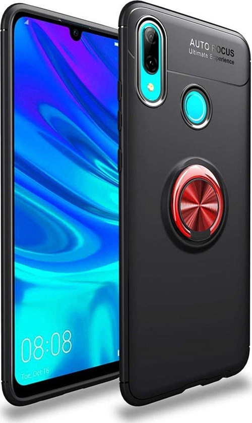 Huawei P Smart 2019 Kılıf Renkli Yüzüklü Manyetik Silikon Kapak Siyah - Kırmızı