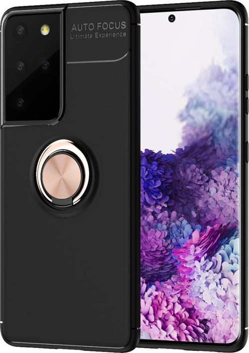 Samsung Galaxy S21 Ultra Kılıf Renkli Yüzüklü Manyetik Silikon Kapak Siyah - Rose gold