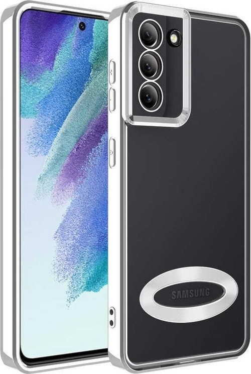 Samsung Galaxy S21 FE Kapak Yanları Renkli Lens Korumalı Logo Gösteren Luxury Silikon Kılıf - Gümüş