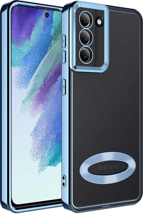 Samsung Galaxy S21 FE Kapak Yanları Renkli Lens Korumalı Logo Gösteren Luxury Silikon Kılıf - Mavi