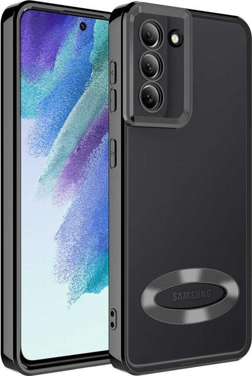 Samsung Galaxy S21 FE Kapak Yanları Renkli Lens Korumalı Logo Gösteren Luxury Silikon Kılıf - Siyah