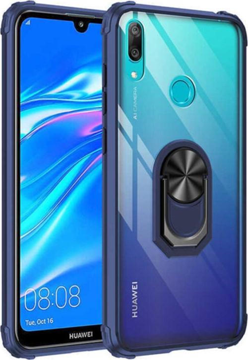 Huawei Y7 Prime 2019 Kapak Şeffaf Yüzüklü Kenar Korumalı Standlı Kılıf - Lacivert