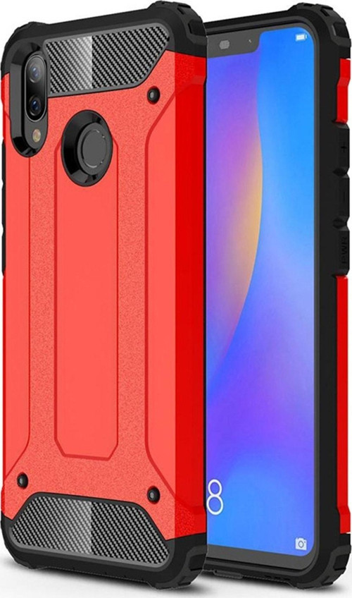 Huawei P Smart Kapak Çift Katmanlı Zırh Tank Kılıf - Kırmızı