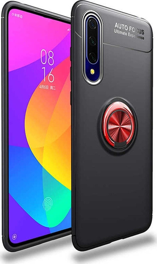 Huawei P Smart Pro 2019 Kılıf Renkli Yüzüklü Manyetik Silikon Kapak Siyah - Kırmızı