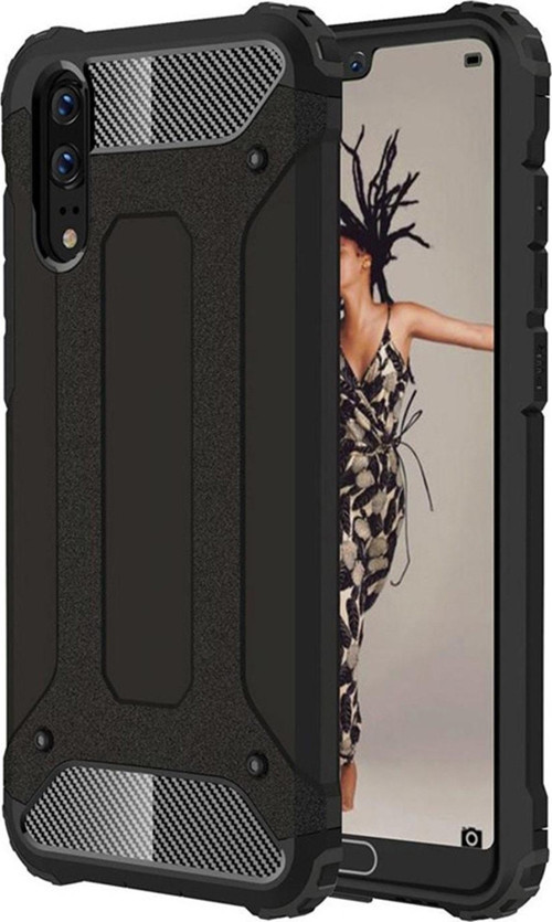 Huawei P20 Kapak Çift Katmanlı Zırh Tank Kılıf - Siyah