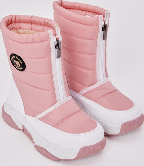 Çocuk Unisex Beyaz Pembe Rahat Kalıp Spor Taban Önü Fermuarlı İçi Kürklü Kar Botu