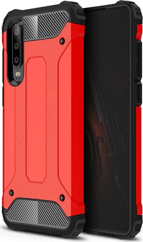 Huawei P30 Kapak Çift Katmanlı Zırh Tank Kılıf - Kırmızı