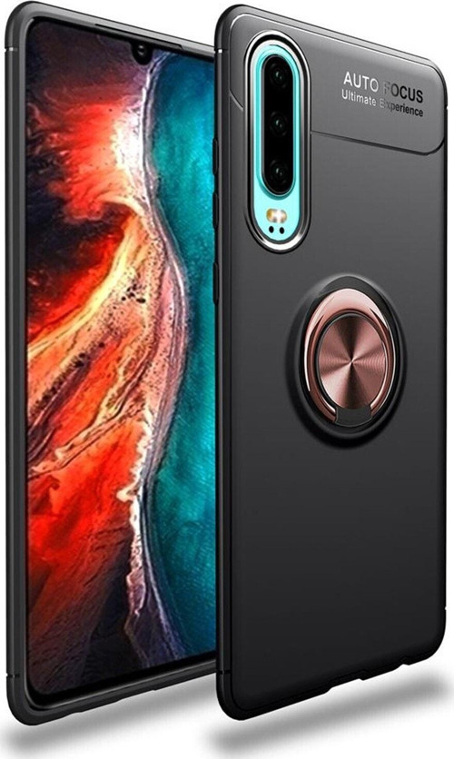 Huawei P30 Kılıf Renkli Yüzüklü Manyetik Silikon Kapak Siyah - Rose gold