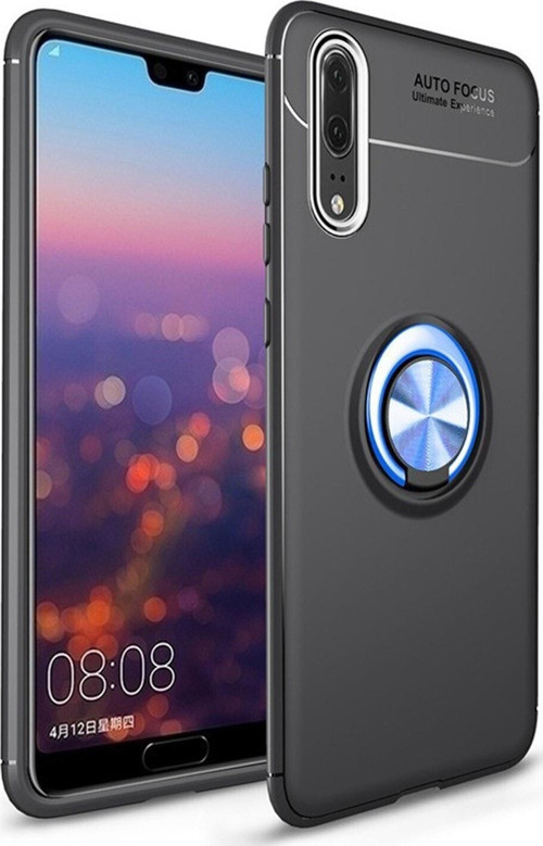 Huawei P30 Lite Kılıf Renkli Yüzüklü Manyetik Silikon Kapak Siyah - Mavi