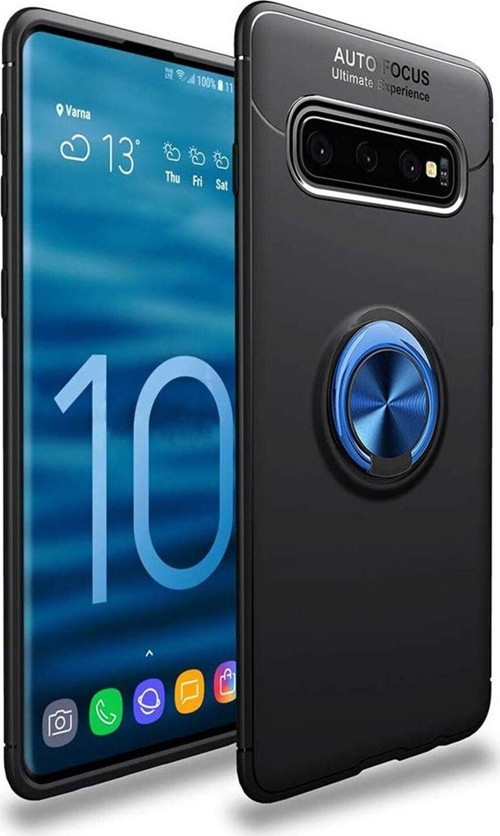 Samsung Galaxy S10 Plus Kılıf Renkli Yüzüklü Manyetik Silikon Kapak Siyah - Mavi