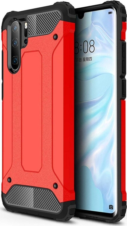 Huawei P30 Pro Kapak Çift Katmanlı Zırh Tank Kılıf - Kırmızı