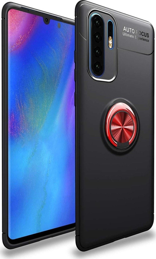 Huawei P30 Pro Kılıf Renkli Yüzüklü Manyetik Silikon Kapak Siyah - Kırmızı