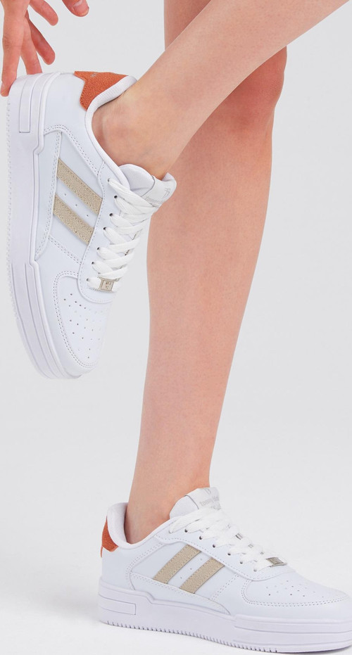 Unisex Beyaz Bej Yanı Çizgili Bağcıklı Rahat Kalıp Sneaker