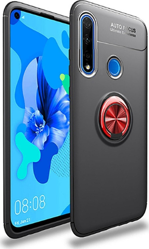 Huawei P40 Lite E Kılıf Renkli Yüzüklü Manyetik Silikon Kapak Siyah - Kırmızı
