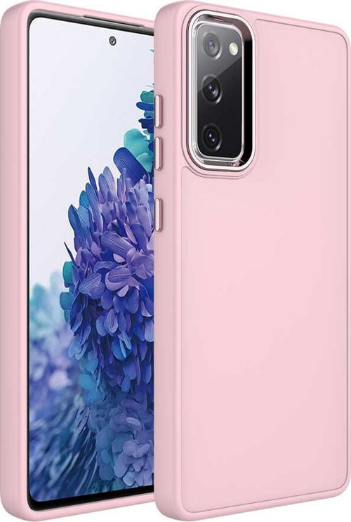 Samsung Galaxy S20 FE Kapak Renkli Metal Kamera Çerçeveli Class İçi Kadife Lasnman Kılıf - Pembe