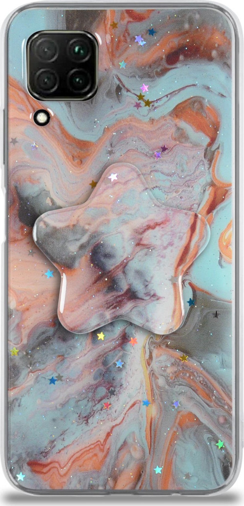 Huawei P40 Lite Kapak Mermer Desenli Pop Socketli Silikon Kılıf - Mercan