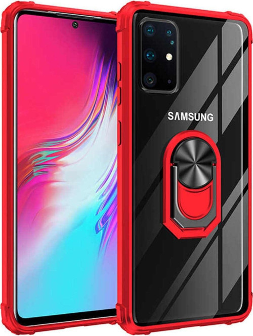 Samsung Galaxy S20 Plus Kapak Şeffaf Yüzüklü Kenar Korumalı Standlı Kılıf - Kırmızı