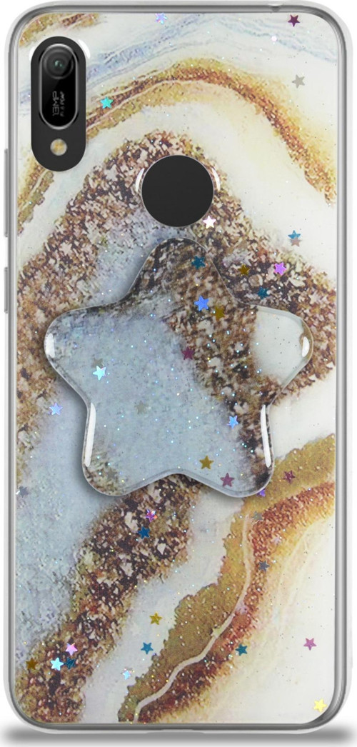 Huawei Y6 2019 Kapak Mermer Desenli Pop Socketli Silikon Kılıf - Gold