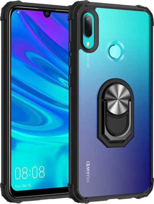 Huawei Y6 2019 Kapak Şeffaf Yüzüklü Kenar Korumalı Standlı Kılıf - Siyah