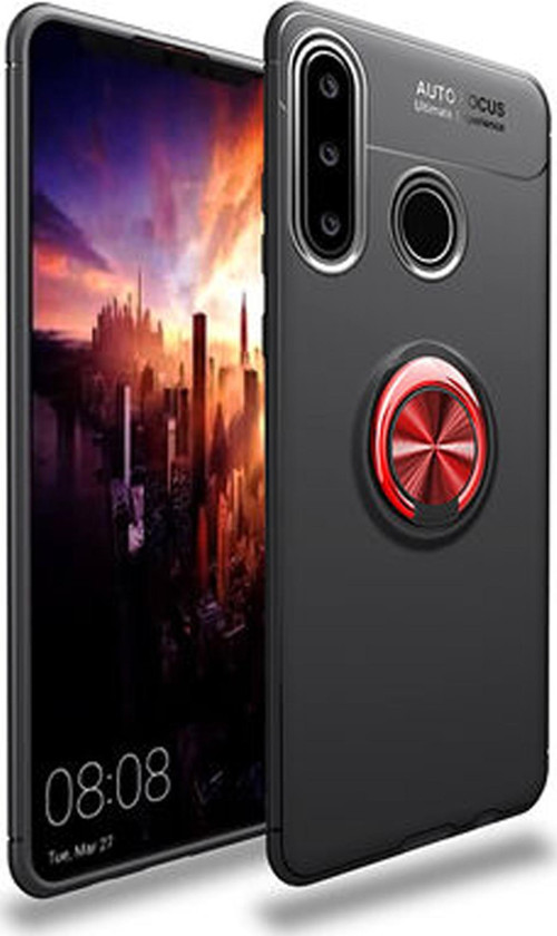 Huawei Y6P Kılıf Renkli Yüzüklü Manyetik Silikon Kapak Siyah - Kırmızı