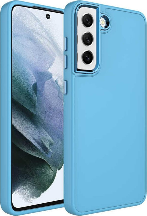 Samsung Galaxy S21 FE Kapak Renkli Metal Kamera Çerçeveli Class İçi Kadife Lasnman Kılıf - Mavi