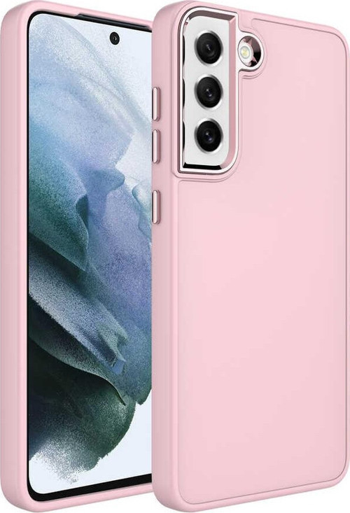 Samsung Galaxy S21 FE Kapak Renkli Metal Kamera Çerçeveli Class İçi Kadife Lasnman Kılıf - Pembe