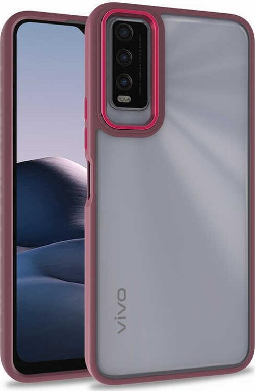 Vivo Y20 Kapak Metal Kamera Korumalı Arkası Şeffaf Silikon Kılıf - Kırmızı