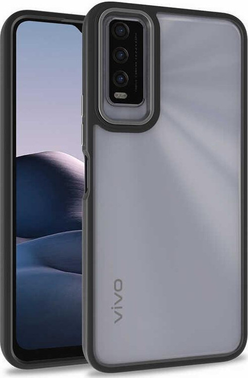 Vivo Y20 Kapak Metal Kamera Korumalı Arkası Şeffaf Silikon Kılıf - Siyah
