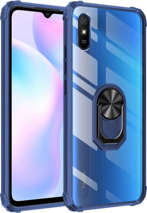 Xiaomi Redmi 9A Kapak Şeffaf Yüzüklü Kenar Korumalı Standlı Kılıf - Lacivert