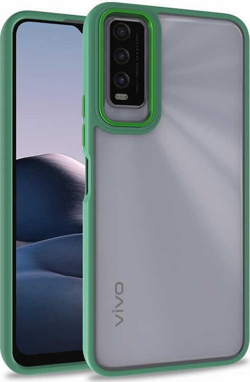 Vivo Y20S Kapak Metal Kamera Korumalı Arkası Şeffaf Silikon Kılıf - Yeşil